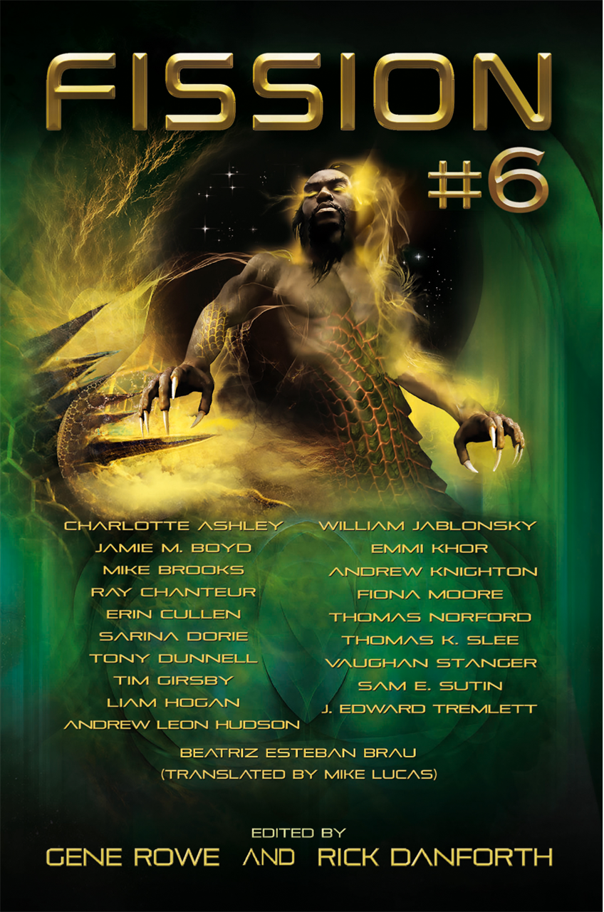 A demonic beast surrounded by yellow magic, and the names of the authors contained in this issue of Fission